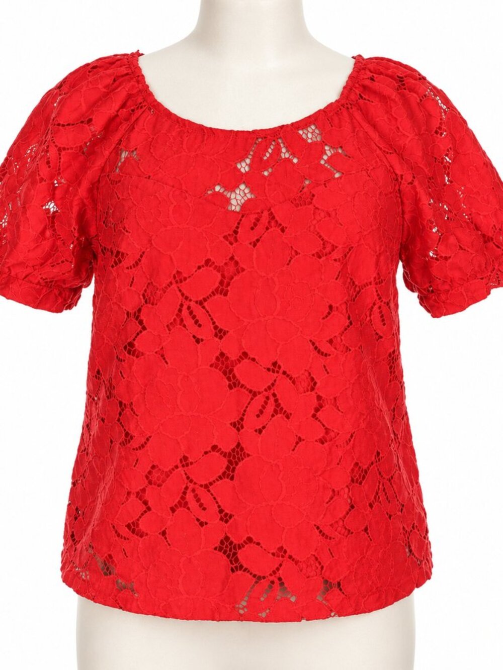 Monteau Los Angeles Red Ruffle Puff-Sleeve Blouse Romantic Work Top
